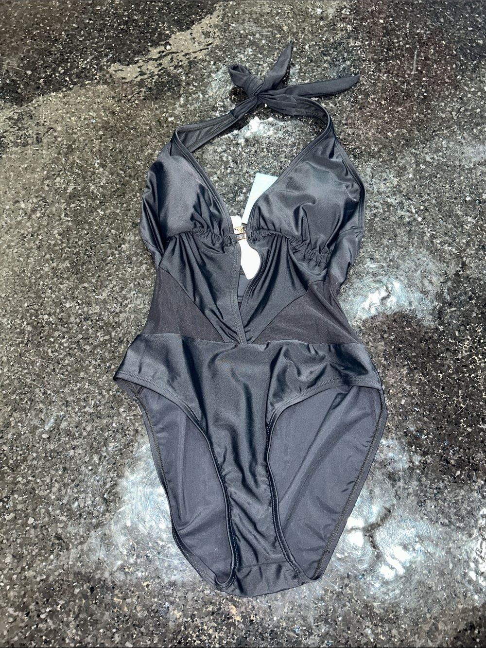 NWT Cupshe Black One-Piece Tie Halter Sheer Cutouts Deep V Swimsuit SZ M